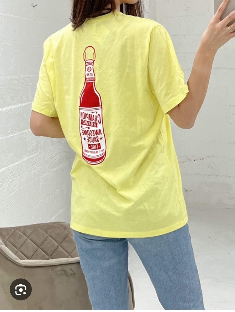 Champion Yellow Short Sleeve Tee with Red Bottle Graphic on Back
